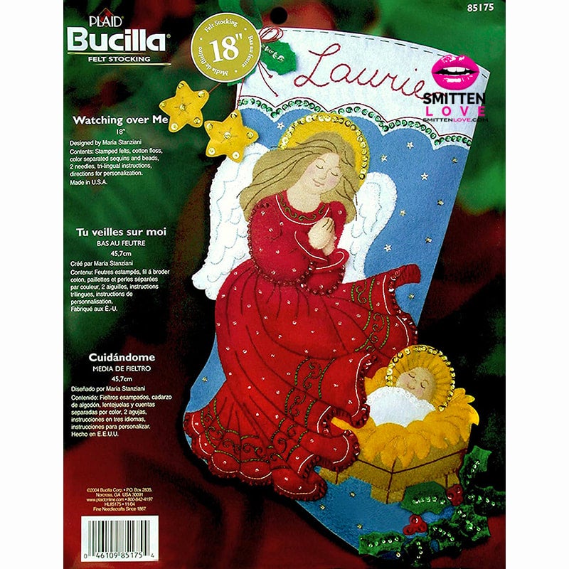 85175 Bucilla Felt Christmas Stocking KIT: Watching Over Me Size: 45.7cm  Made in USA Kit Includes: Stamped Felts, Cotton Floss, Metallic Thread,  Colour Separated Sequins and Beads, 2 needles, tri-lingual Instructions,  directions
